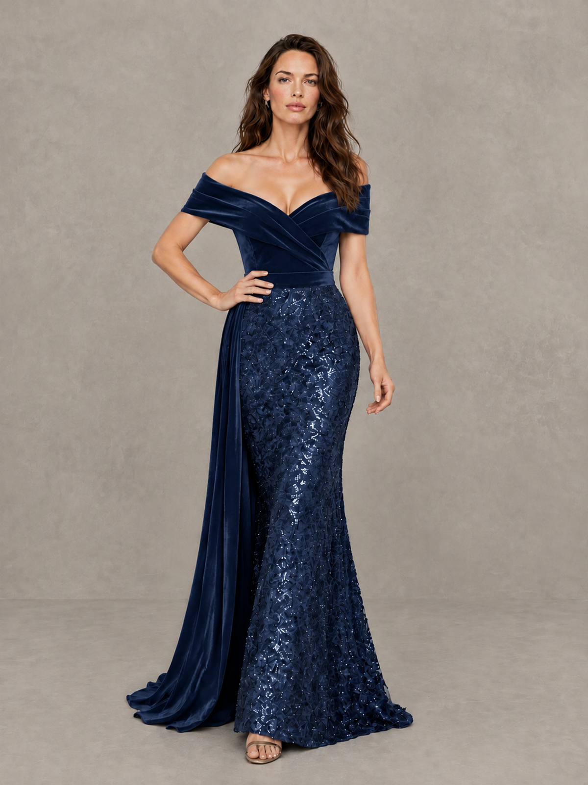 BOLODOO Navy Blue Off-Shoulder Velvet & Sequin Evening Gown with Side Train - Navy Blue - Navy Blue (4)