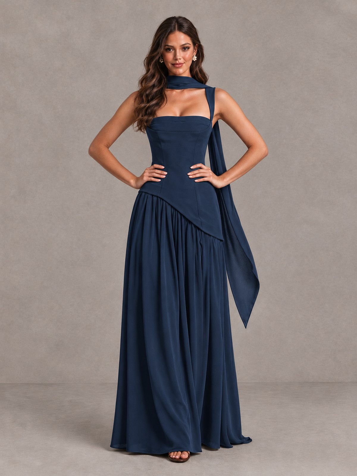 BOLODOO Navy Blue Brown Scarf Bridesmaid Dress with Lace-Up Back - Navy Blue - Navy Blue (4)