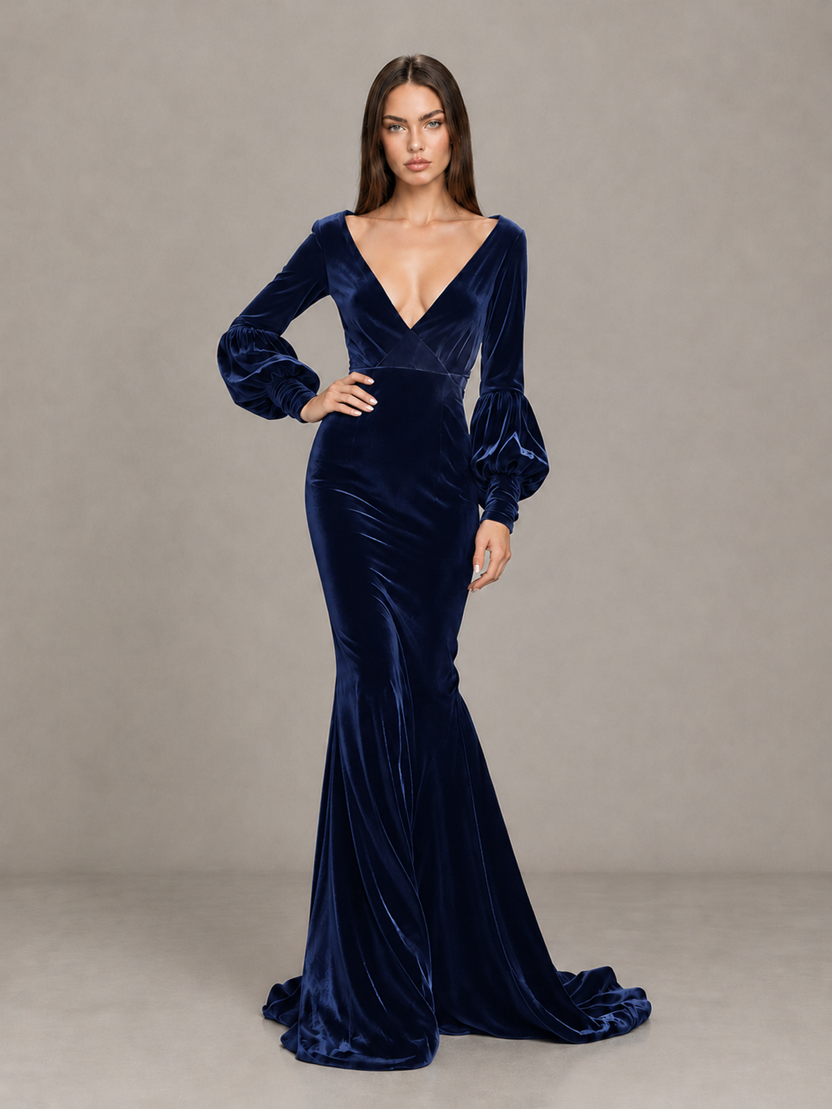 BOLODOO Navy Blue Velvet V-Neck Long Sleeve Open Back Mermaid Evening Gown - Navy Blue - Navy Blue (4)