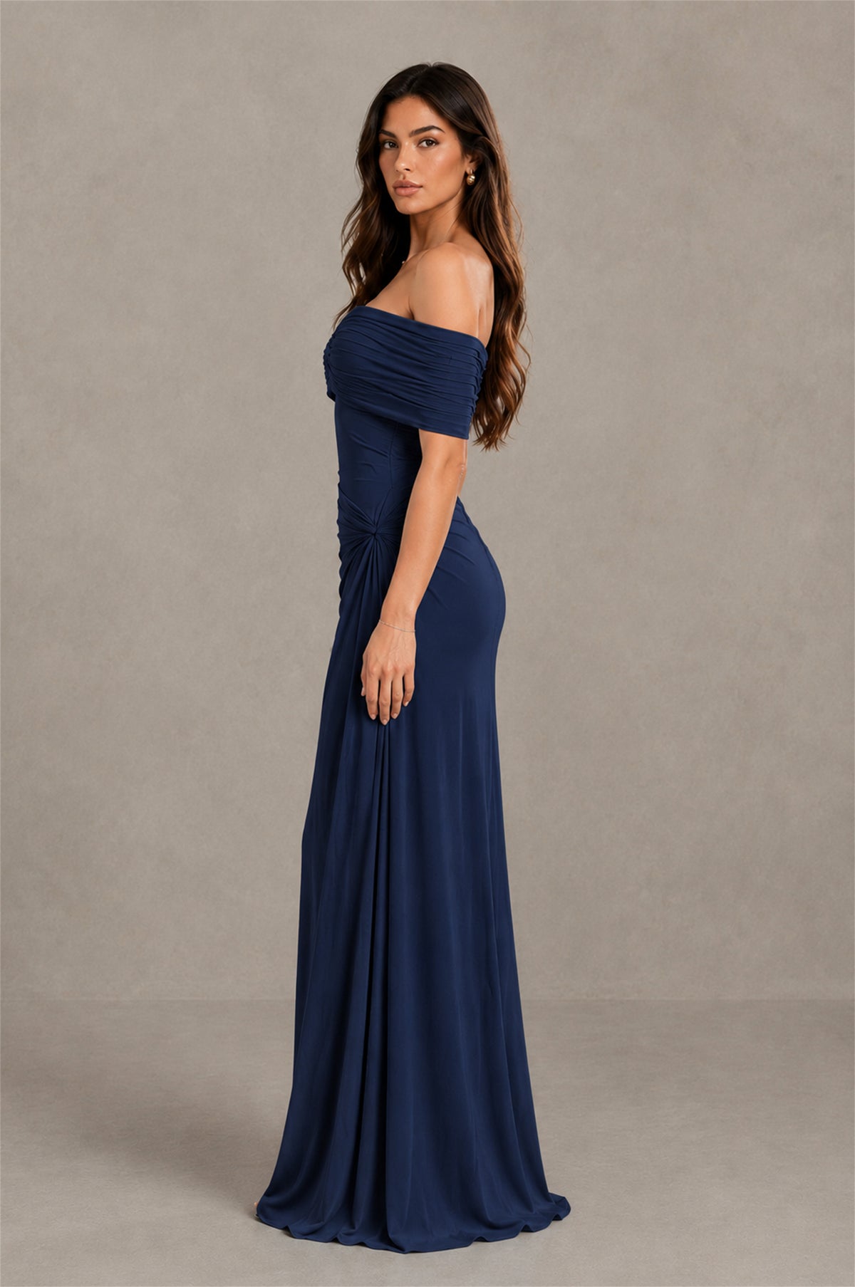 BOLODOO Navy Blue Off-Shoulder Ruched Maxi Dress - Navy Blue