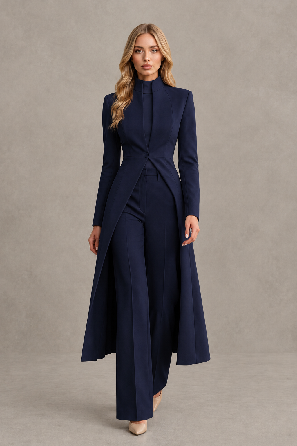 BOLODOO Navy Blue Longline Jacket Wide-Leg Formal Pantsuit - Navy Blue