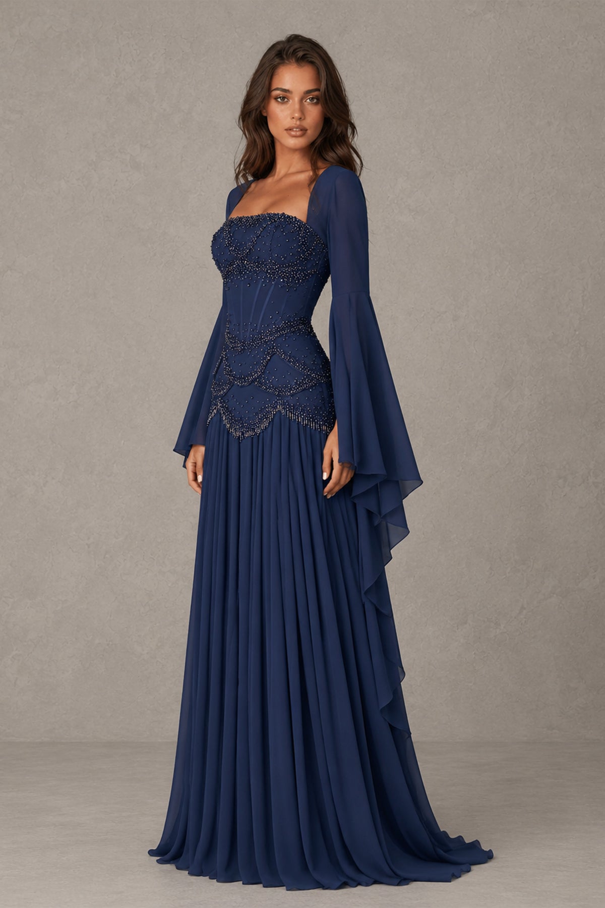 BOLODOO Navy Blue Embellished Corset Gown with Long Bell Sleeves - Navy Blue
