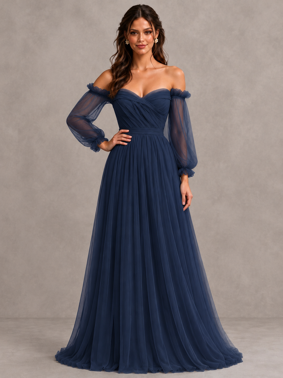 BOLODOO Navy Blue Off-the-Shoulder Long Sleeve A-Line Bridesmaid Dress - Navy Blue - Navy Blue (4)
