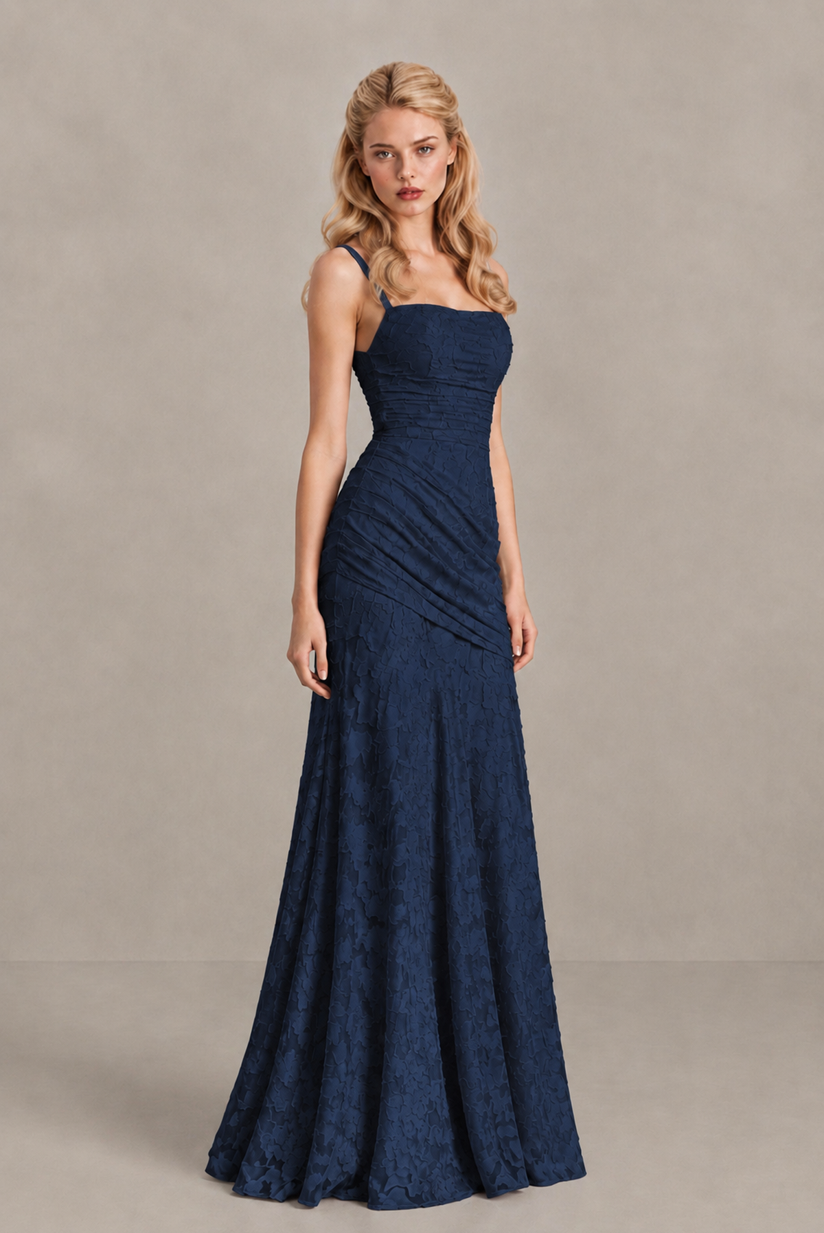 BOLODOO Navy Blue Ruched Floral Maxi Dress with Lace-Up Back - Navy Blue