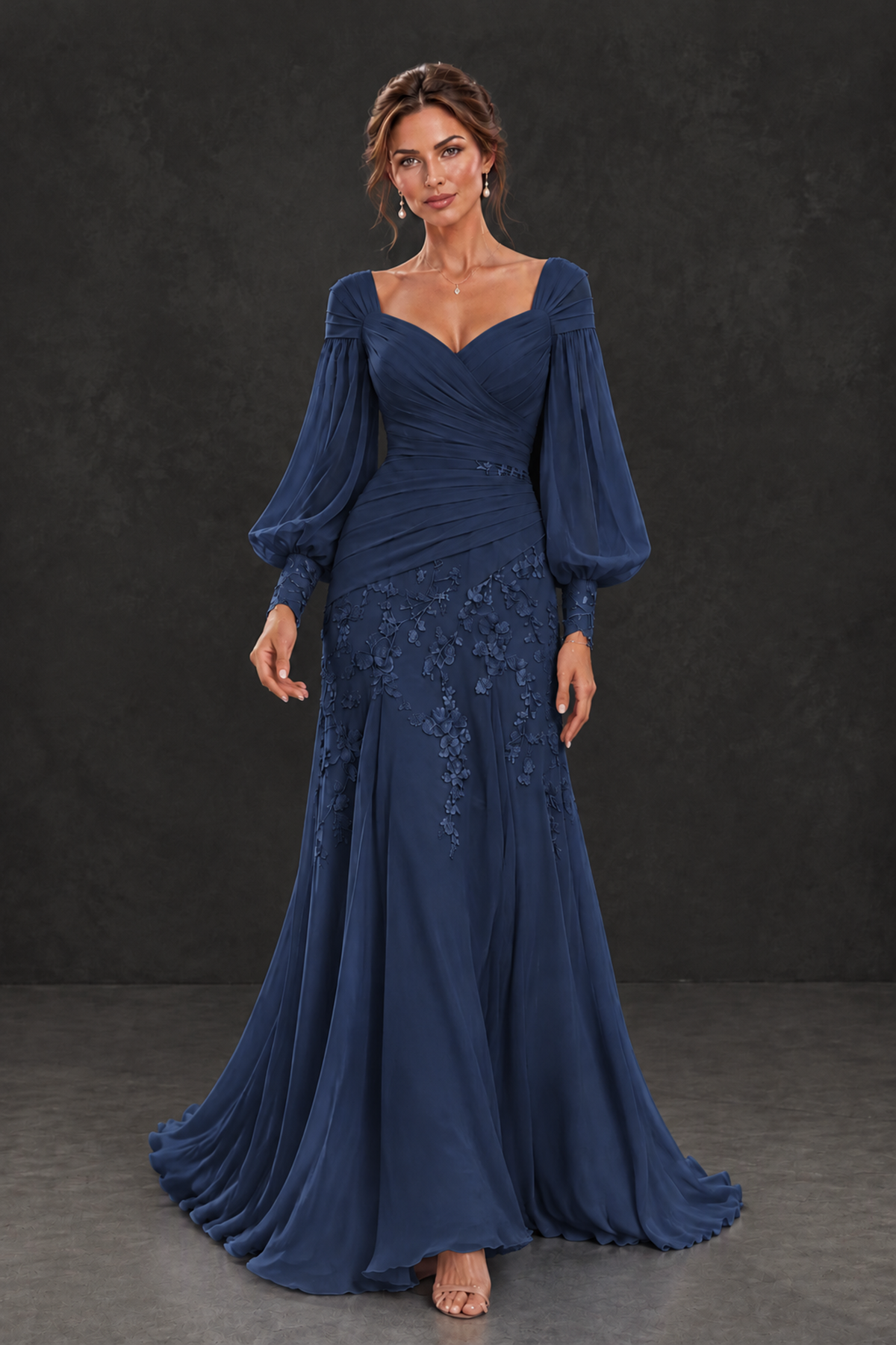 BOLODOO Navy Blue Long Sleeve Mother of the Bride Dress with Floral Appliqués - Navy Blue - Navy Blue (4)