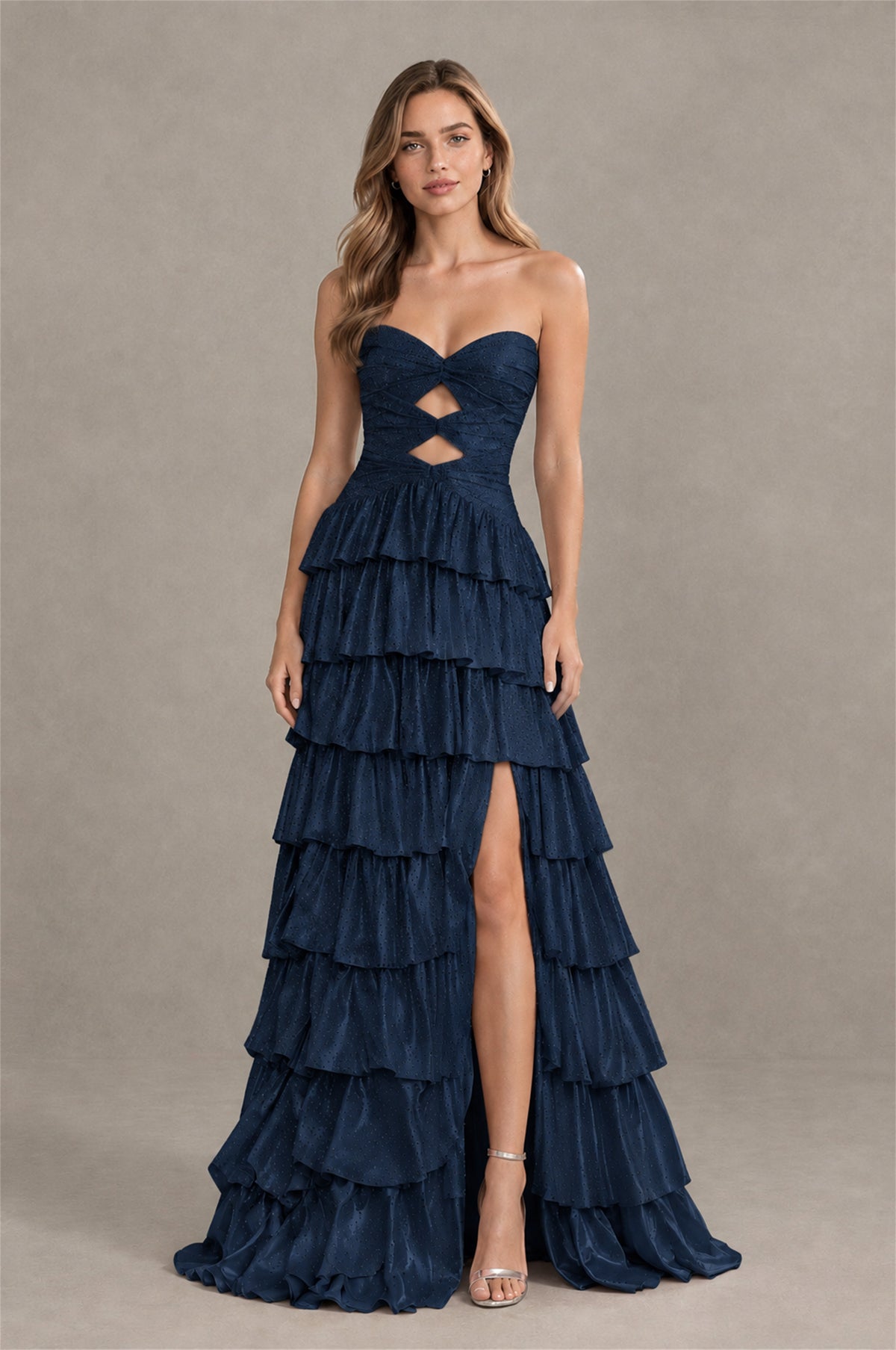 BOLODOO Navy Blue Strapless Cutout Tiered Ruffle Prom Dress with High Slit - Navy Blue - Navy Blue (4)