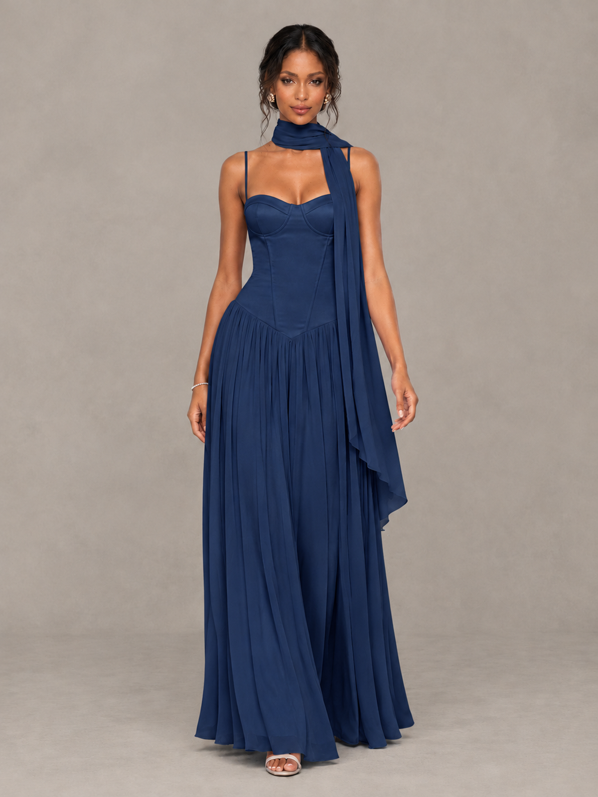 BOLODOO Navy Blue Corset Bridesmaid Dress with Scarf - Navy Blue - Navy Blue (4)