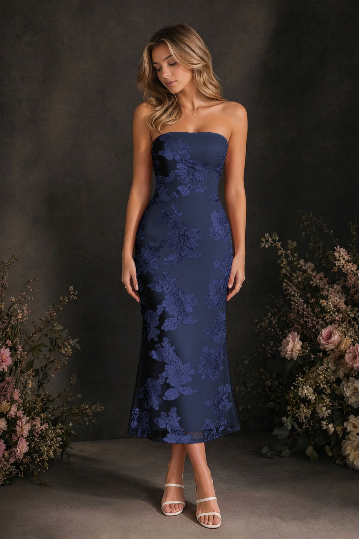 BOLODOO Navy Blue Tonal Floral Embroidered Mesh Strapless Open Back Bodycon Midi Tea Length Dress - Navy Blue