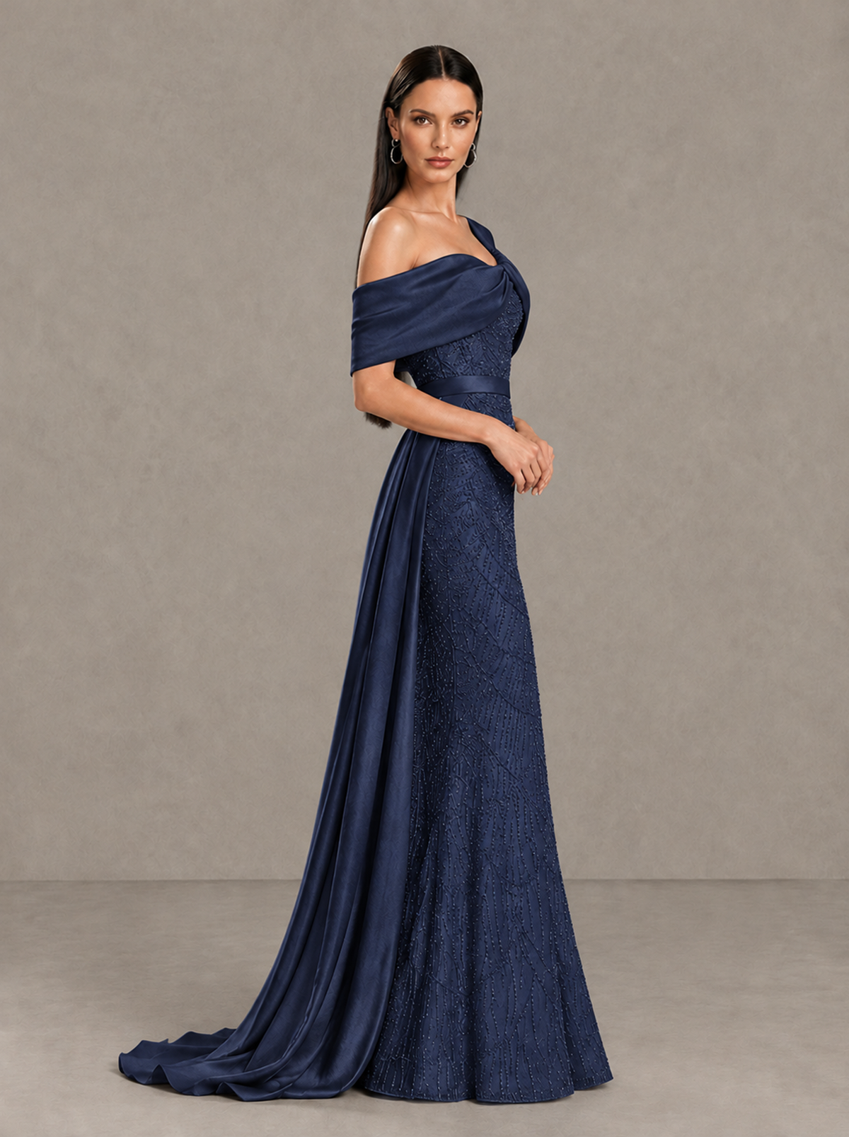 BOLODOO Navy Blue Asymmetric Draped Mermaid Evening Gown with Train - Navy Blue - Navy Blue (4)