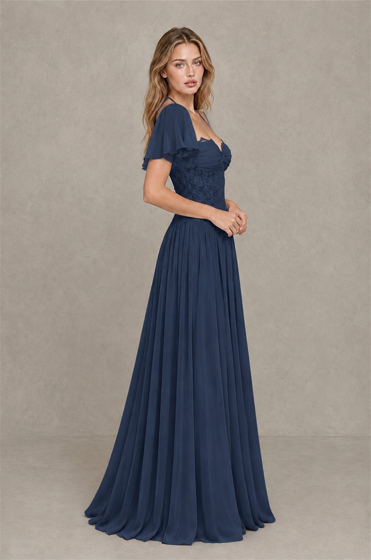 BOLODOO Navy Blue Flutter Sleeve Lace Corset A-Line Maxi Dress - Navy Blue - Navy Blue (4)