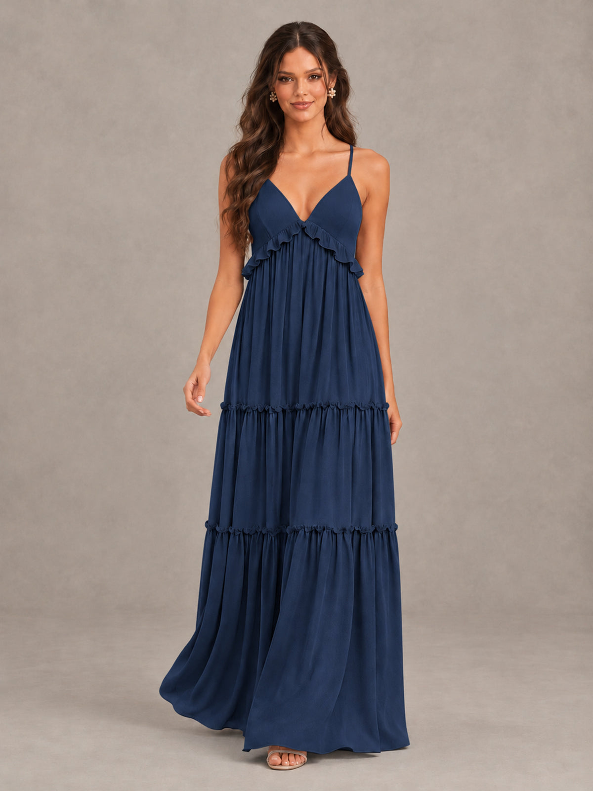 BOLODOO Navy Blue Tiered V-Neck Lace-Up Back Bridesmaid Dress - Navy Blue - Navy Blue (4)