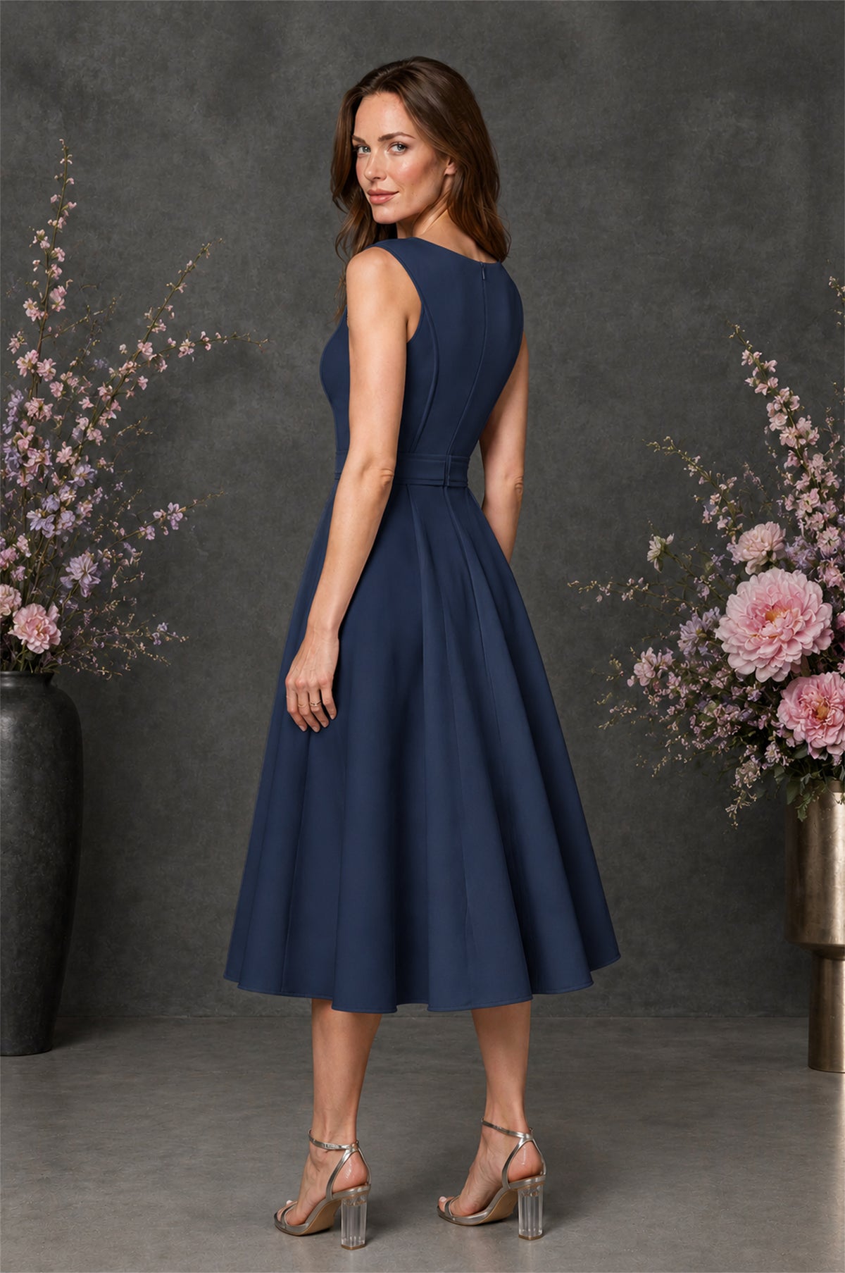 BOLODOO Navy Blue 3D Rosette Appliqué 3/4 Sleeve Jacket & V-Notch Sleeveless A-Line Tea-Length Two-Piece Dress Set - Navy Blue