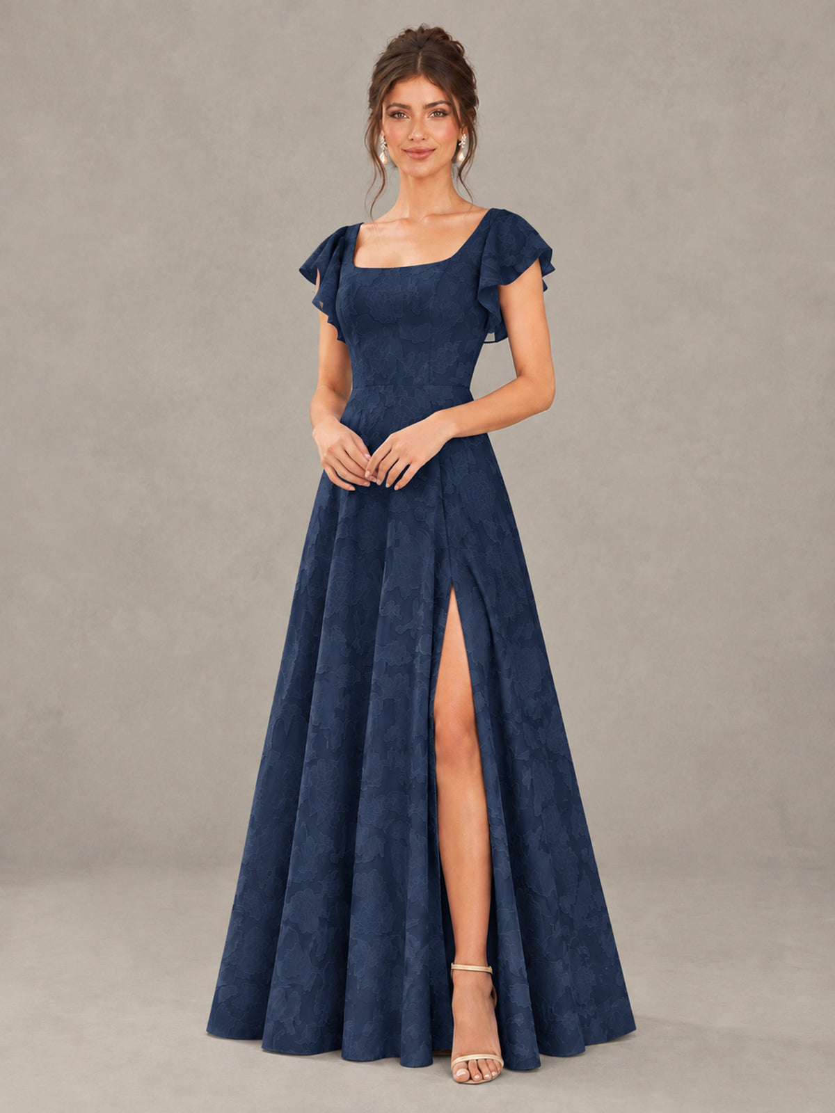 BOLODOO Navy Blue Floral Flutter Sleeve Bridesmaid Dress with Slit - Navy Blue - Navy Blue (4)