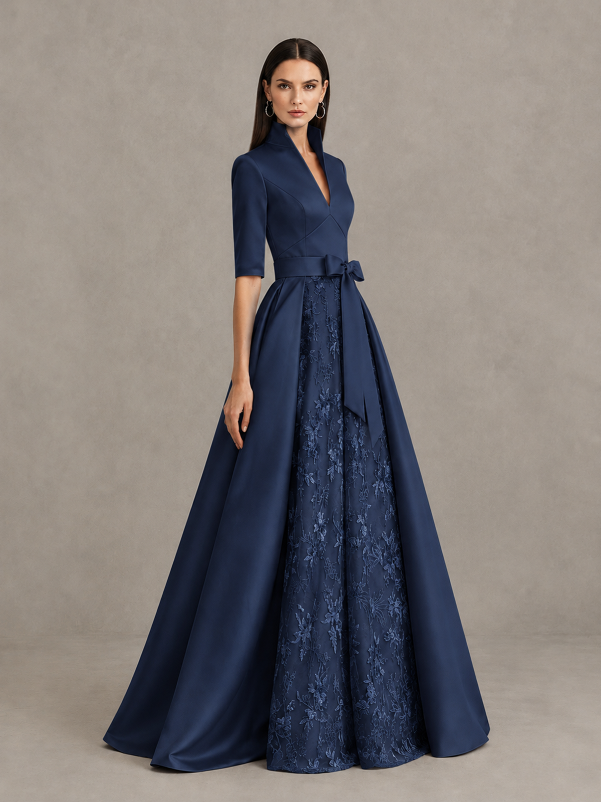 BOLODOO Navy Blue Stand Collar Bow Waist Floral Embroidered Evening Gown - Navy Blue - Navy Blue (4)