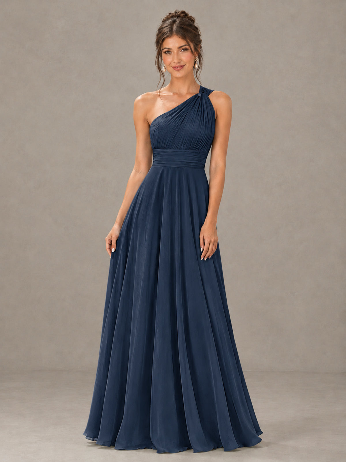 BOLODOO Navy Blue One-Shoulder Chiffon-Look Bridesmaid Dress - Navy Blue - Navy Blue (4)