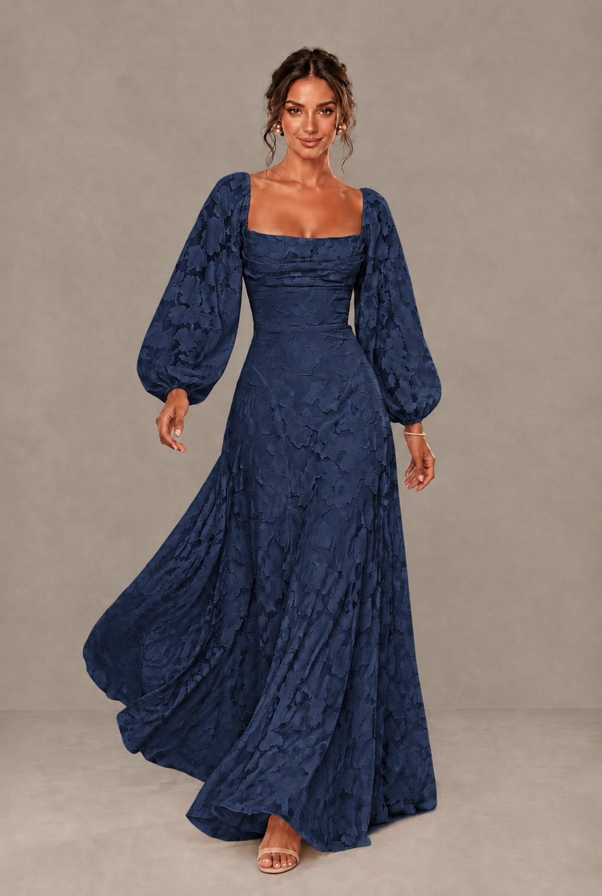 BOLODOO Floral Navy Blue Long Sleeve A-Line Dress with Lace-Up Back - Navy Blue
