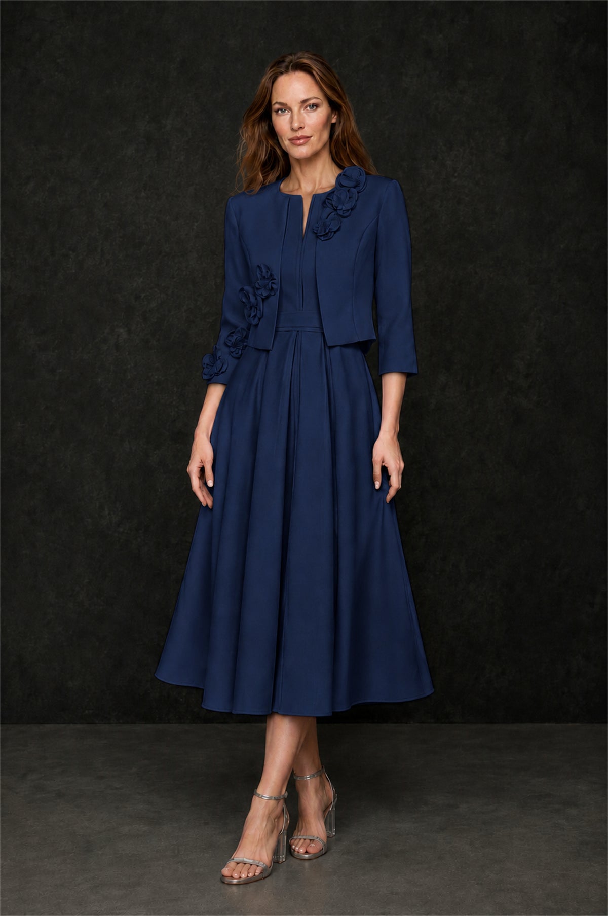 BOLODOO Navy Blue 3D Rosette Appliqué 3/4 Sleeve Jacket & V-Notch Sleeveless A-Line Tea-Length Two-Piece Dress Set - Navy Blue