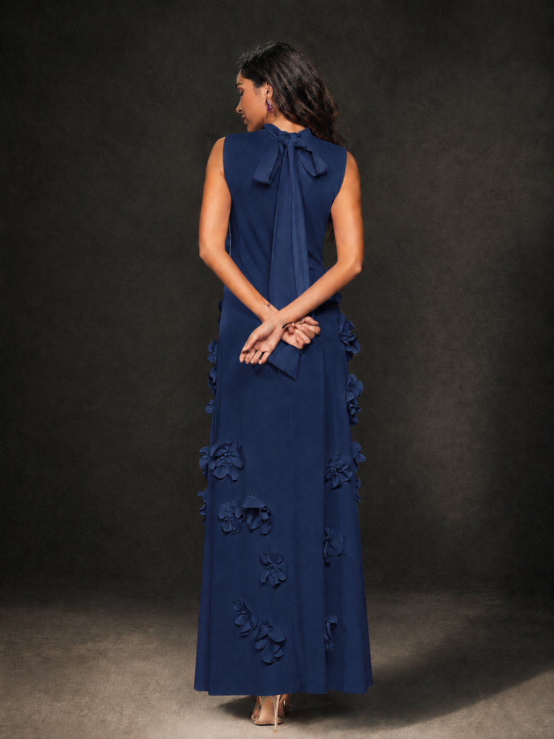 BOLODOO Navy Blue Mock Neck Sleeveless 3D Floral Appliqué Maxi Dress with Bow Back - Navy Blue