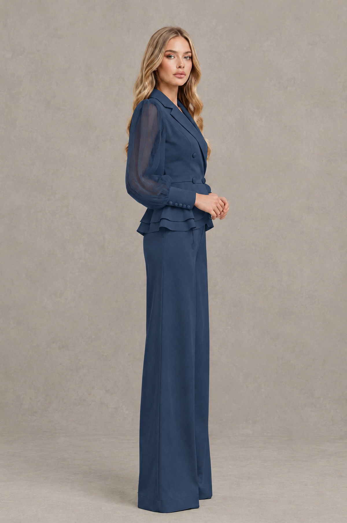 BOLODOO Mint Navy Blue Peplum Blazer Wide-Leg Pantsuit with Sheer Puff Sleeves - Navy Blue