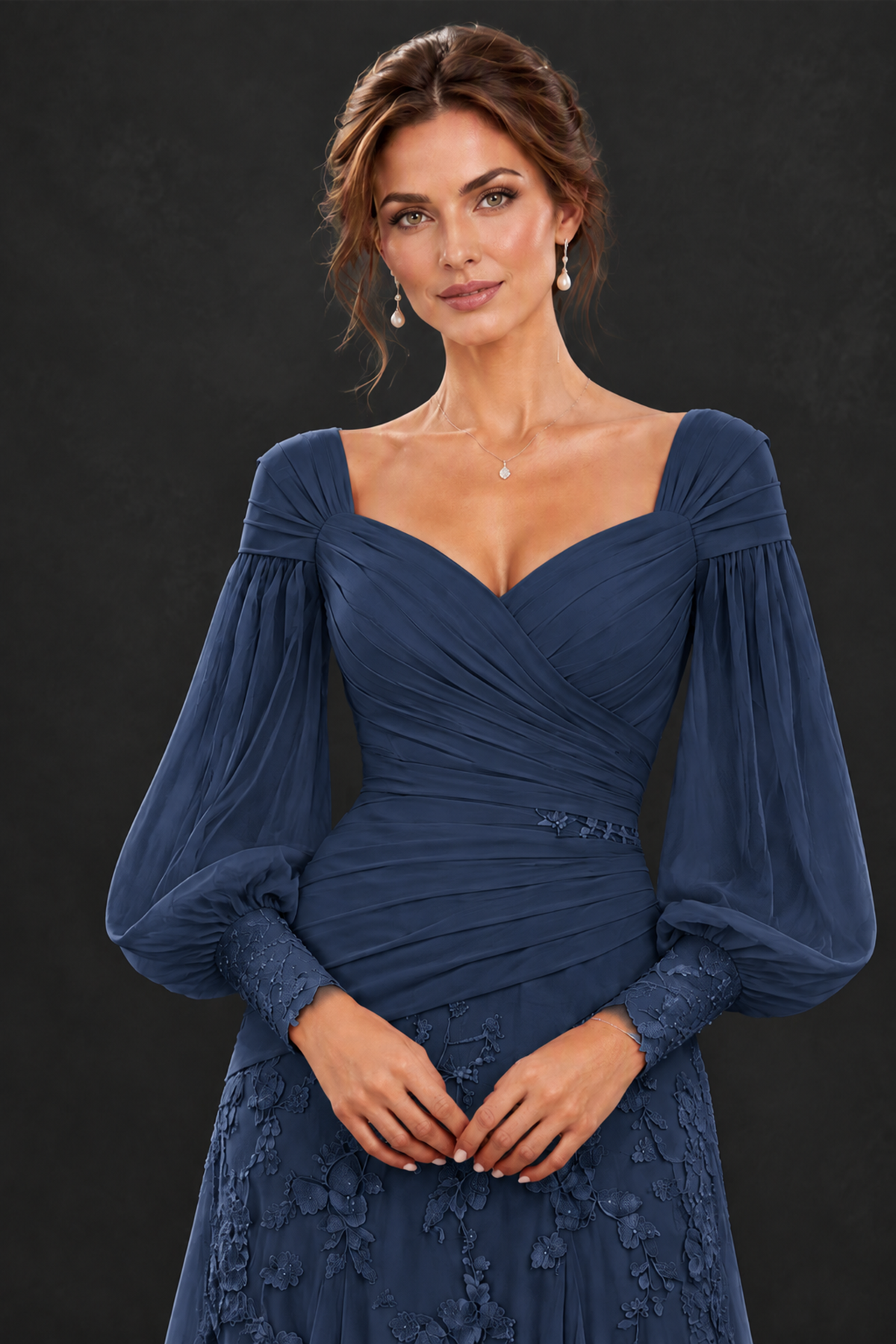 BOLODOO Navy Blue Long Sleeve Mother of the Bride Dress with Floral Appliqués - Navy Blue - Navy Blue (5)
