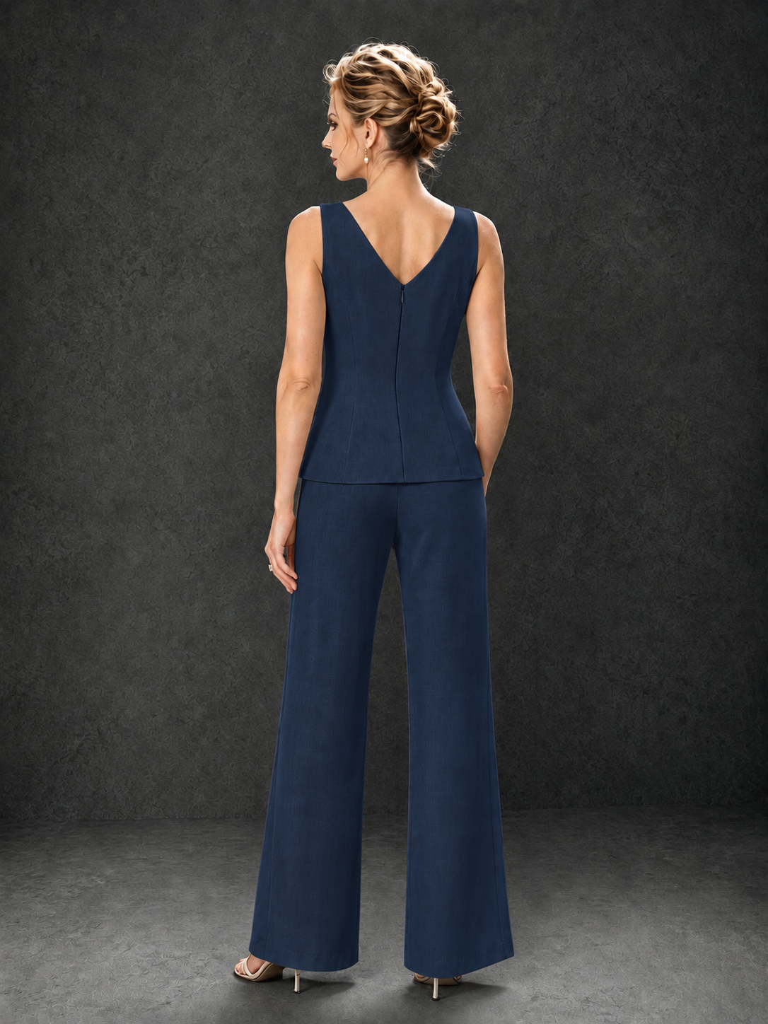 BOLODOO Navy Blue 3-Piece Mother of the Bride Pant Suit with Beaded Top & Chiffon Jacket - Navy Blue