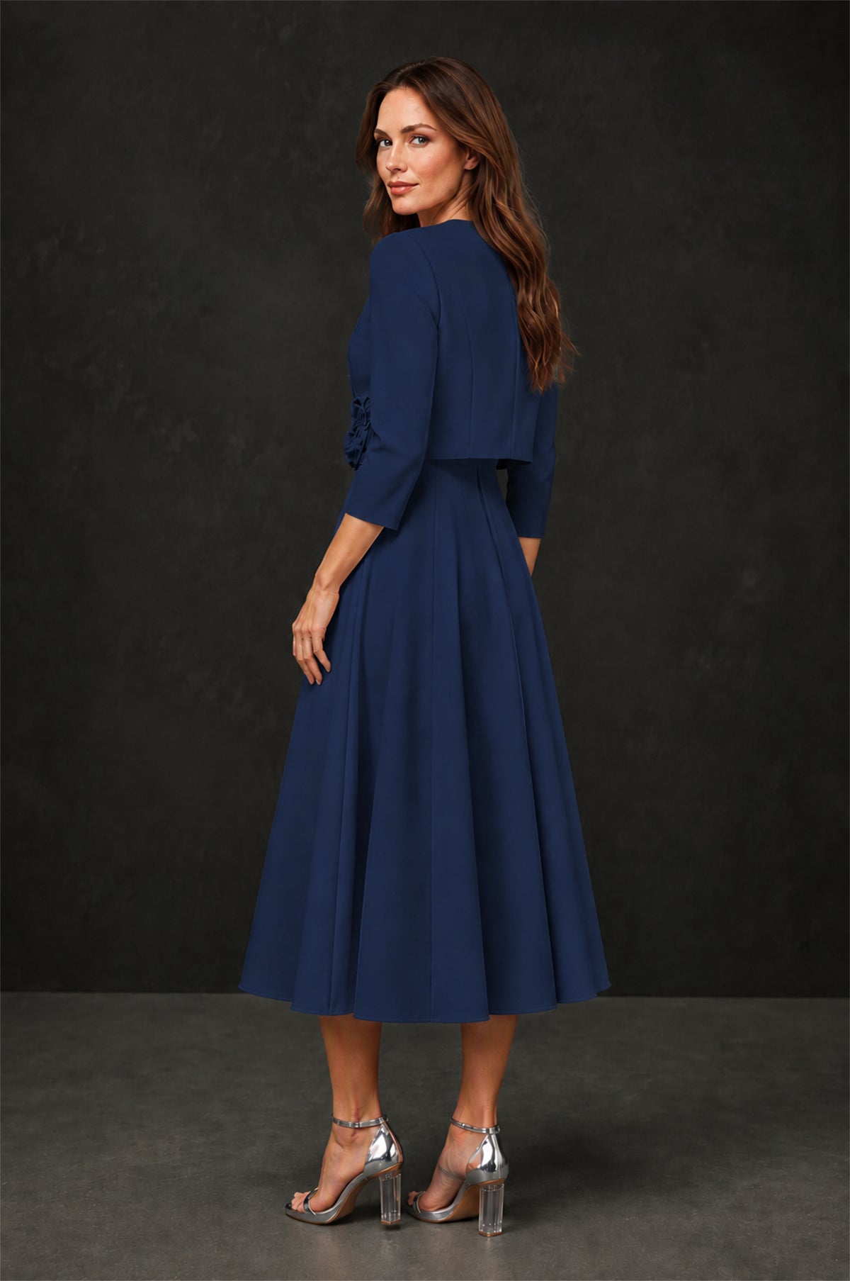 BOLODOO Navy Blue 3D Rosette Appliqué 3/4 Sleeve Jacket & V-Notch Sleeveless A-Line Tea-Length Two-Piece Dress Set - Navy Blue