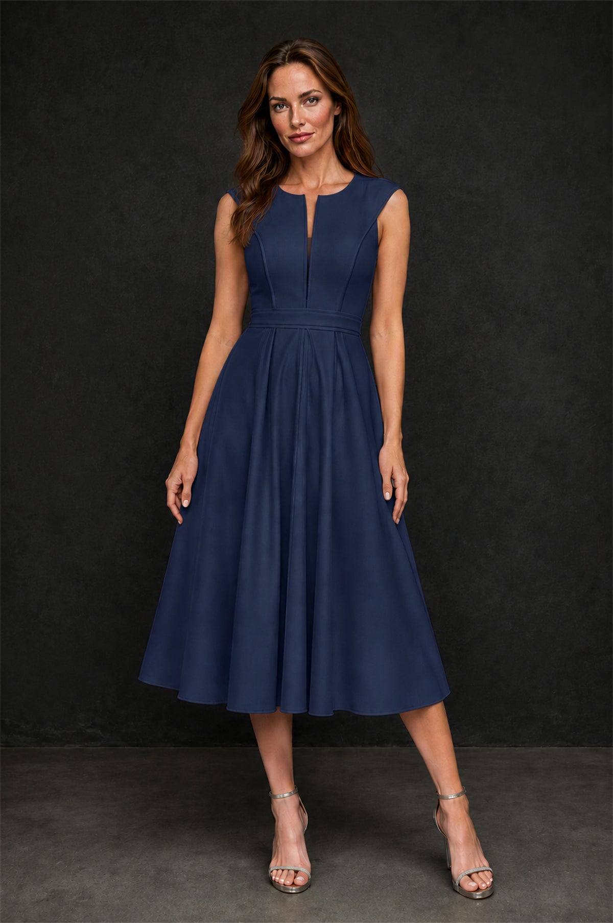 BOLODOO Navy Blue 3D Rosette Appliqué 3/4 Sleeve Jacket & V-Notch Sleeveless A-Line Tea-Length Two-Piece Dress Set - Navy Blue