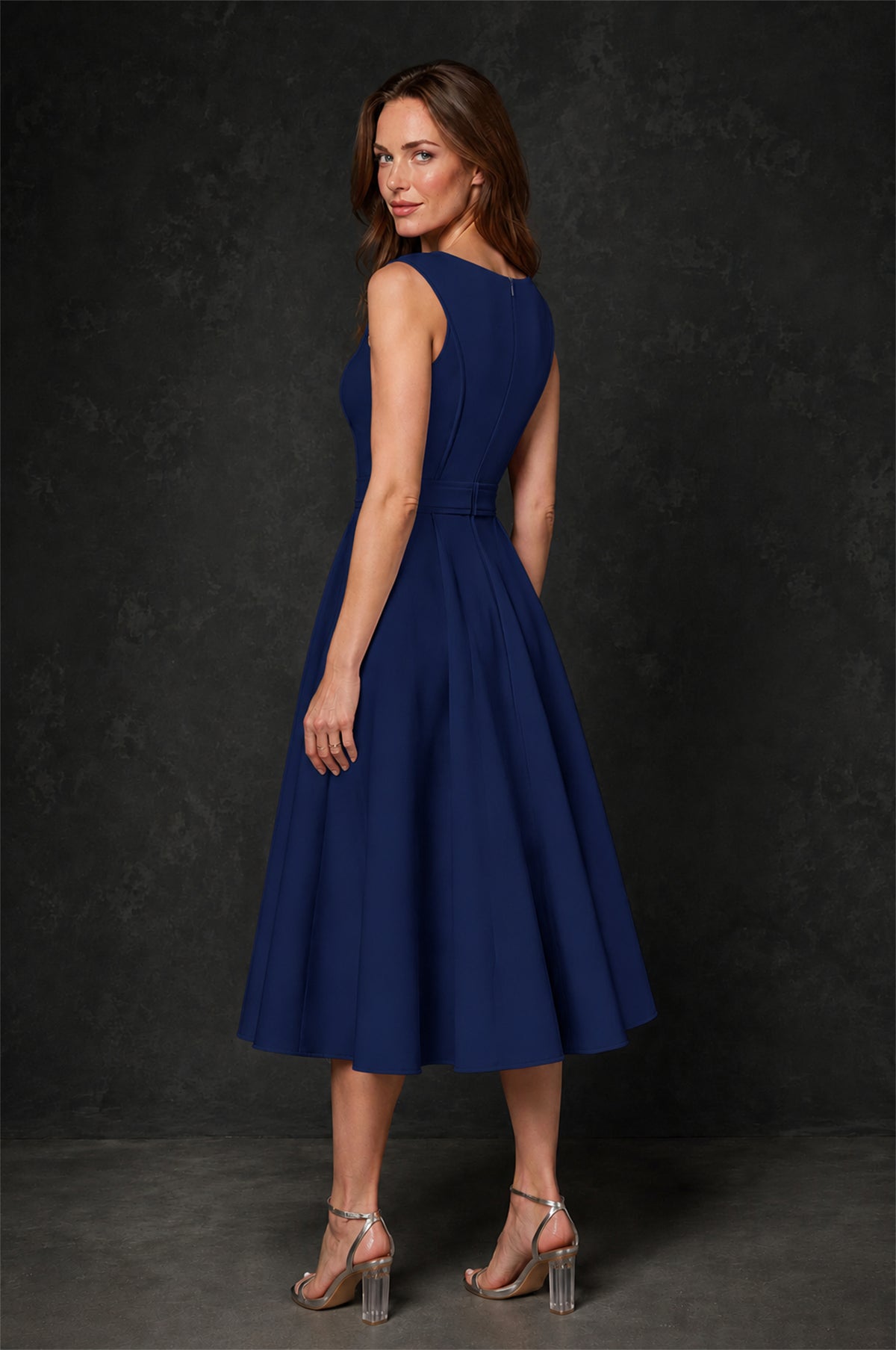 BOLODOO Navy Blue 3D Rosette Appliqué 3/4 Sleeve Jacket & V-Notch Sleeveless A-Line Tea-Length Two-Piece Dress Set - Navy Blue