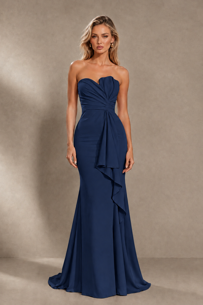 BOLODOO Navy Blue Strapless Sweetheart Ruched Mermaid Gown | Cascade Drape Formal Evening Dress 