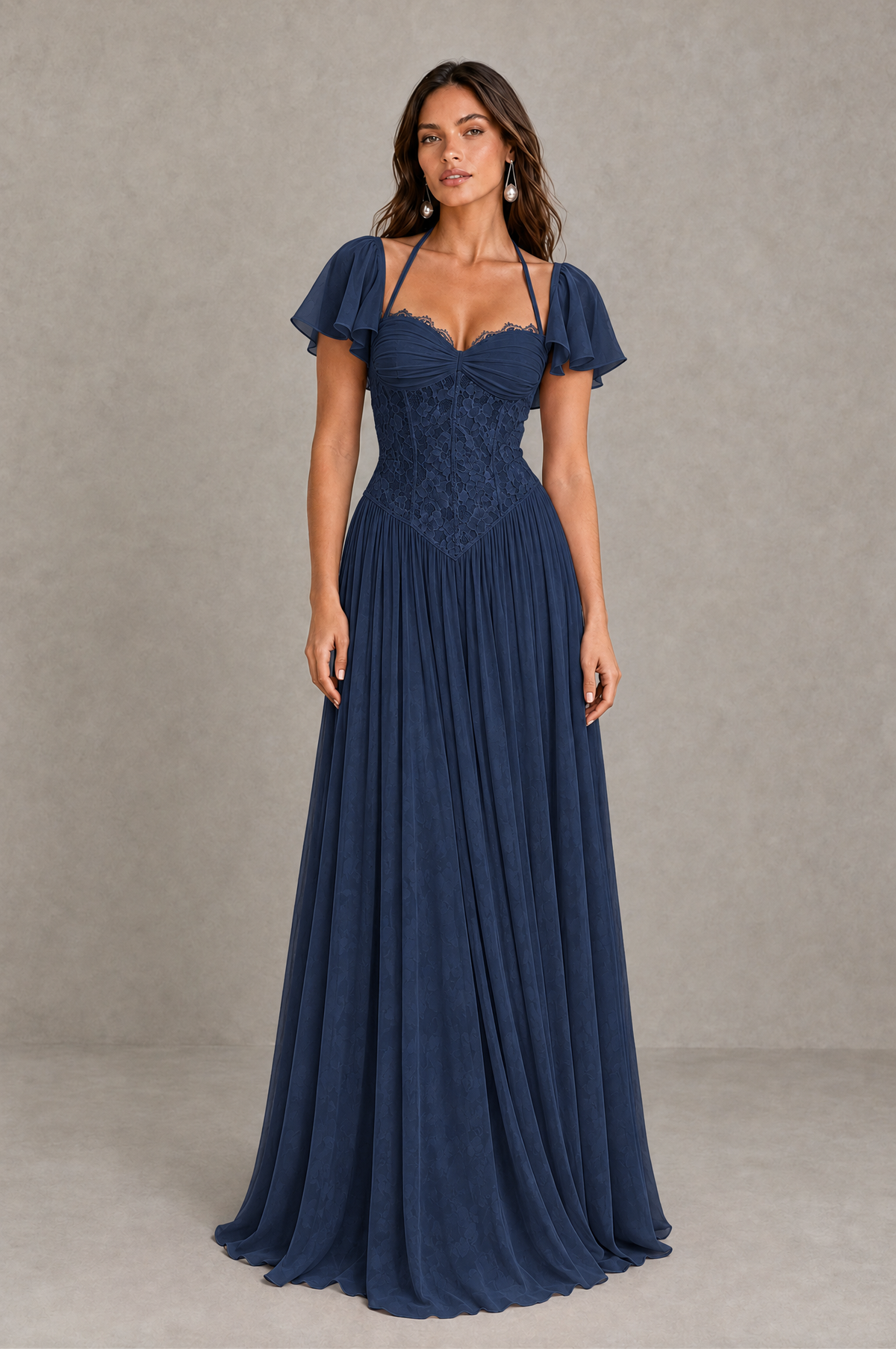 BOLODOO Navy Blue Flutter Sleeve Lace Corset A-Line Maxi Dress 