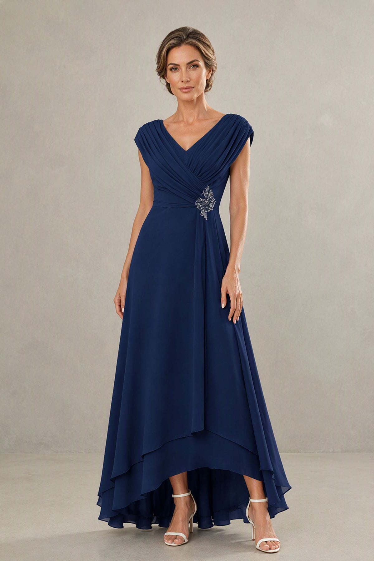 BOLODOO navy blue V-neck high-low mother of the bride dress, front view