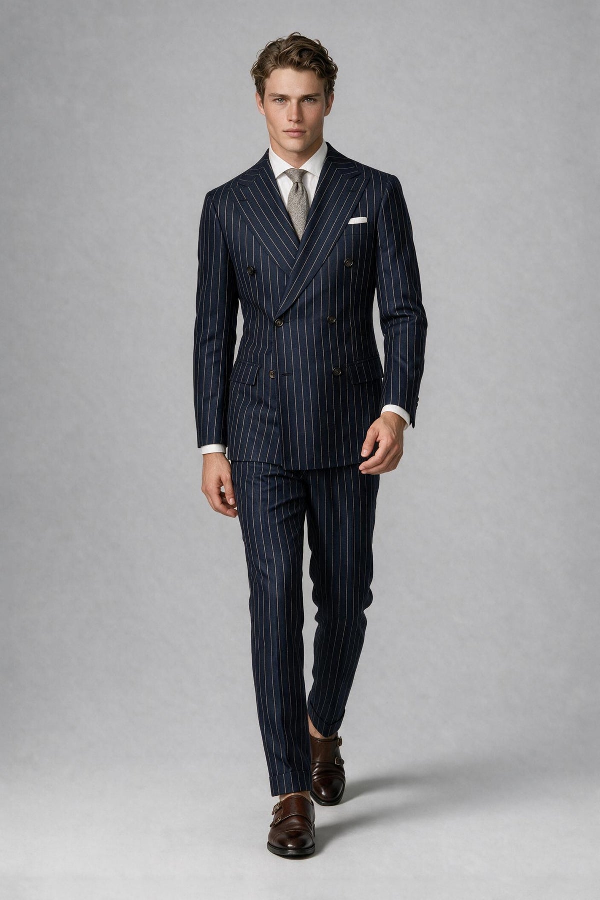BOLODOO men's long-sleeve navy pinstripe double-breasted suit, side view