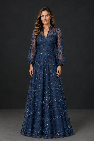 BOLODOO XX076 navy mother of the groom dress back view with sheer floral upper back and center zipper