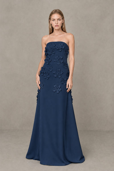 BOLODOO Navy Blue Strapless 3D Floral Appliqué Crepe Maxi Gown 