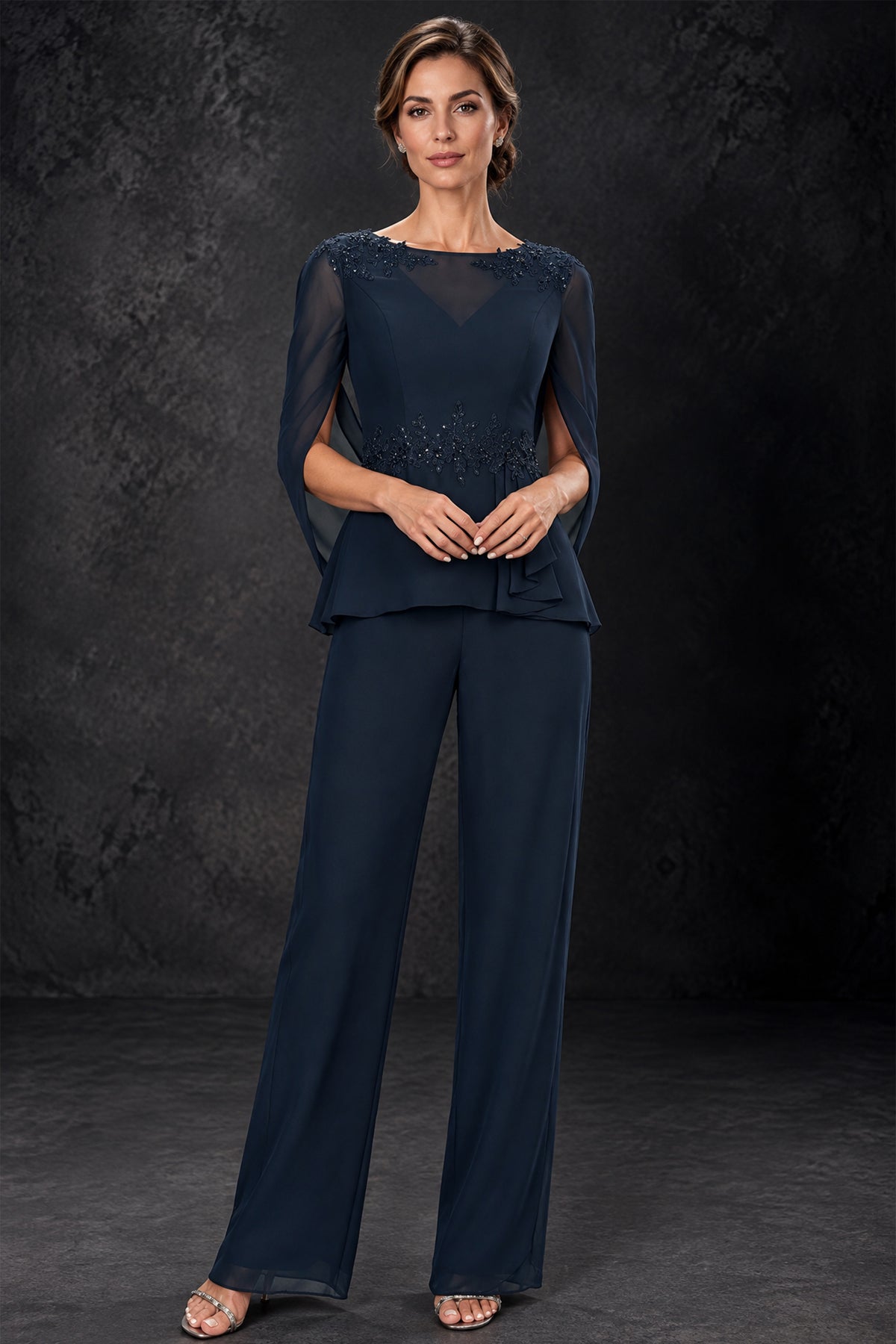 BOLODOO navy blue embellished cape sleeve pantsuit with full-length wide-leg trousers, front view