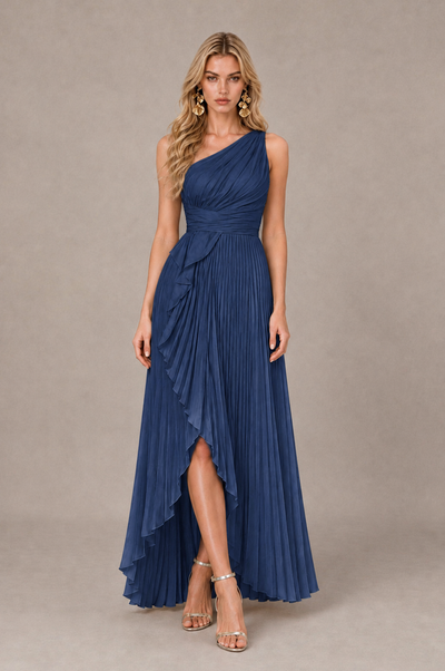 BOLODOO Navy Blue One-Shoulder High-Low Ruffle Maxi Dress 