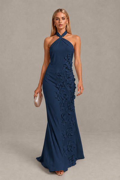 BOLODOO Navy Blue Cross Halter Neck 3D Floral Appliqué Backless Mermaid Maxi Gown 
