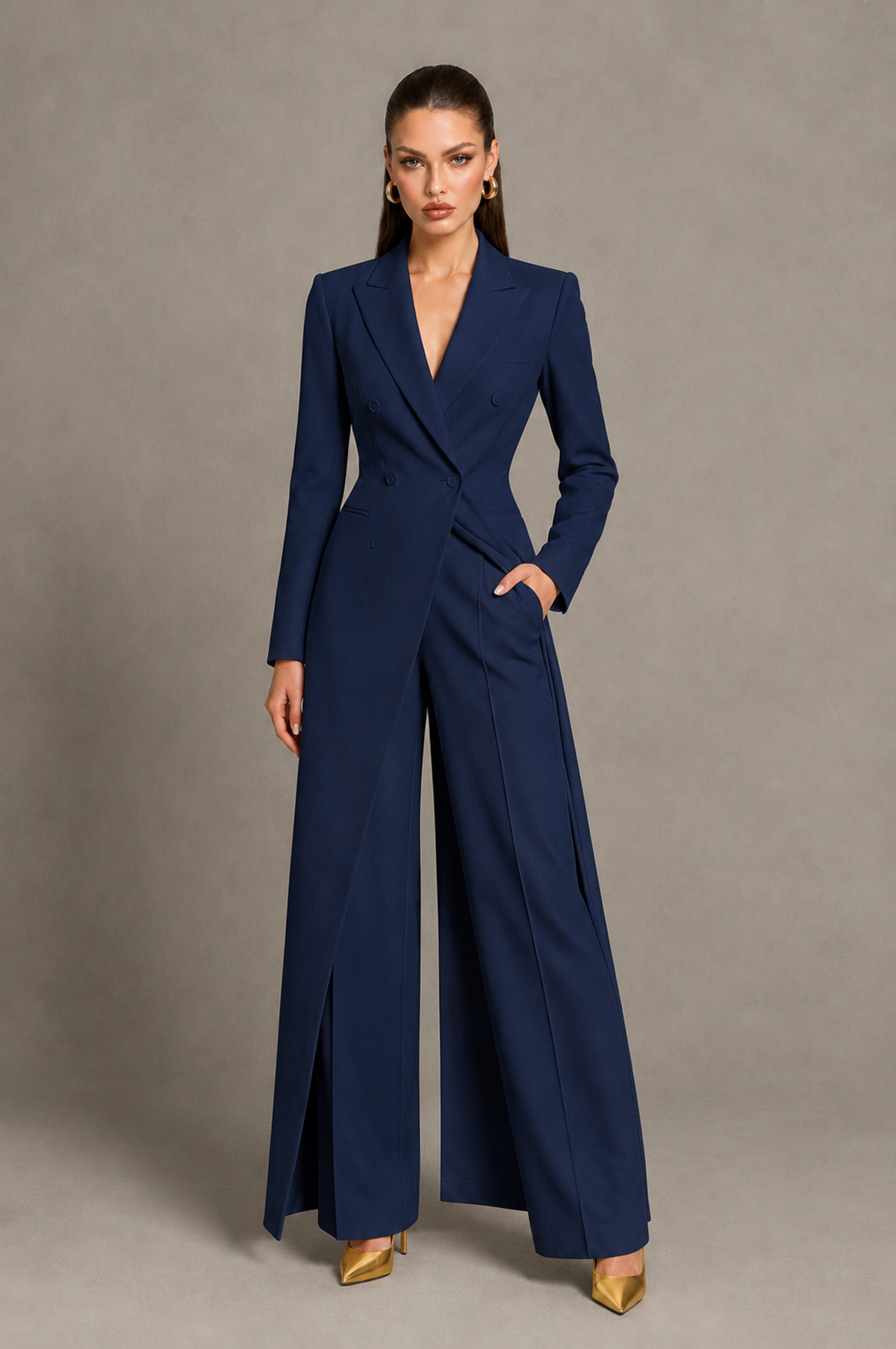 BOLODOO QQ094 navy blue two-piece pantsuit, front view of longline blazer and wide-leg trousers