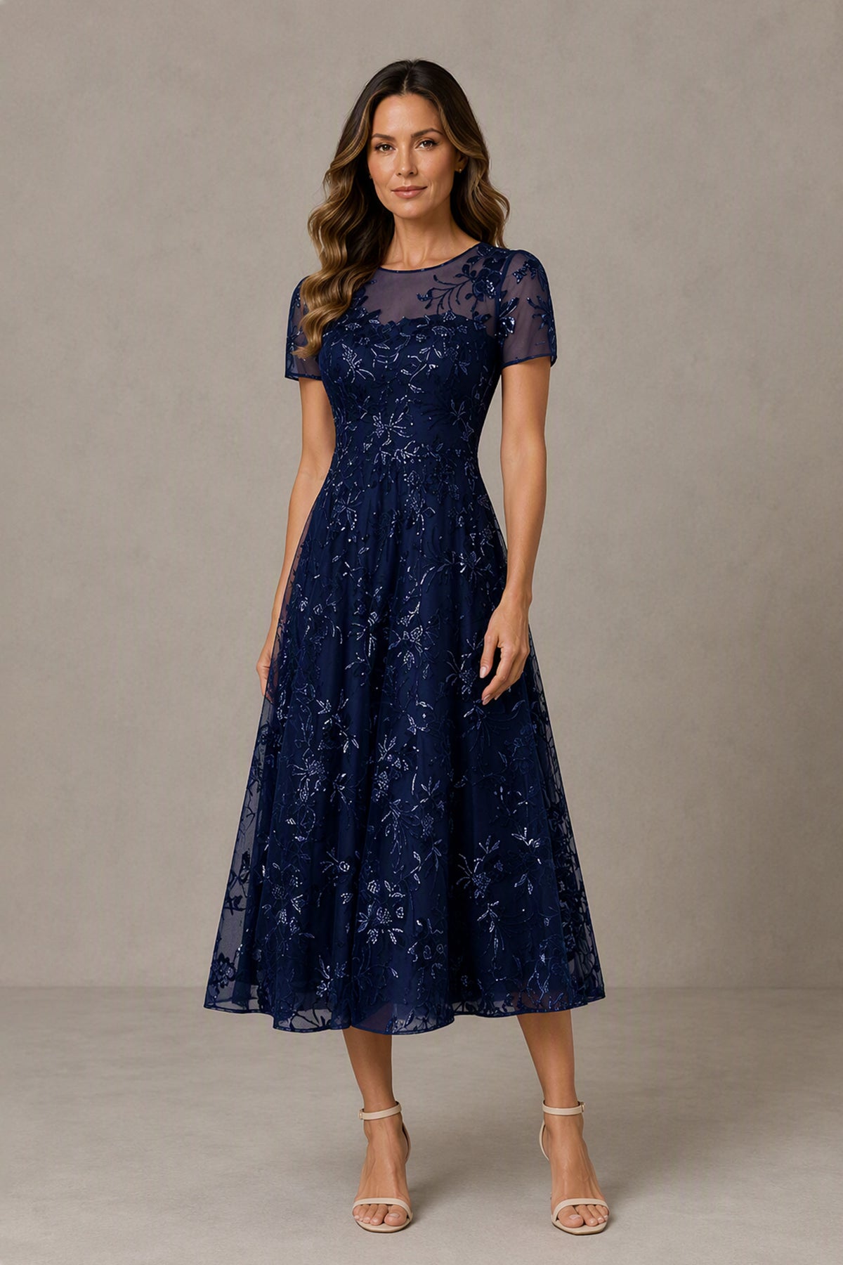 BOLODOO navy blue textured floral midi A-line dress with short sleeves, front view