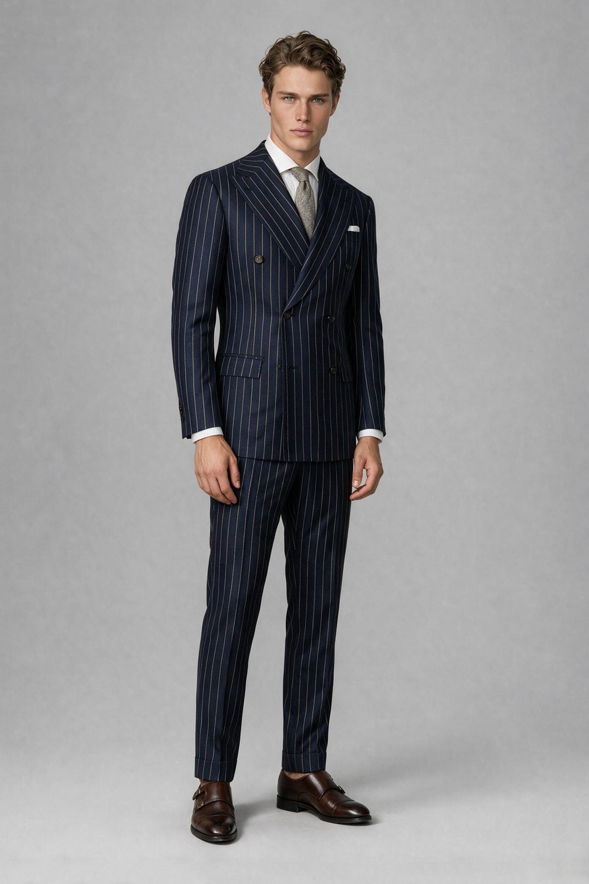 BOLODOO men's navy blue pinstripe double-breasted two-piece suit, front full-length view