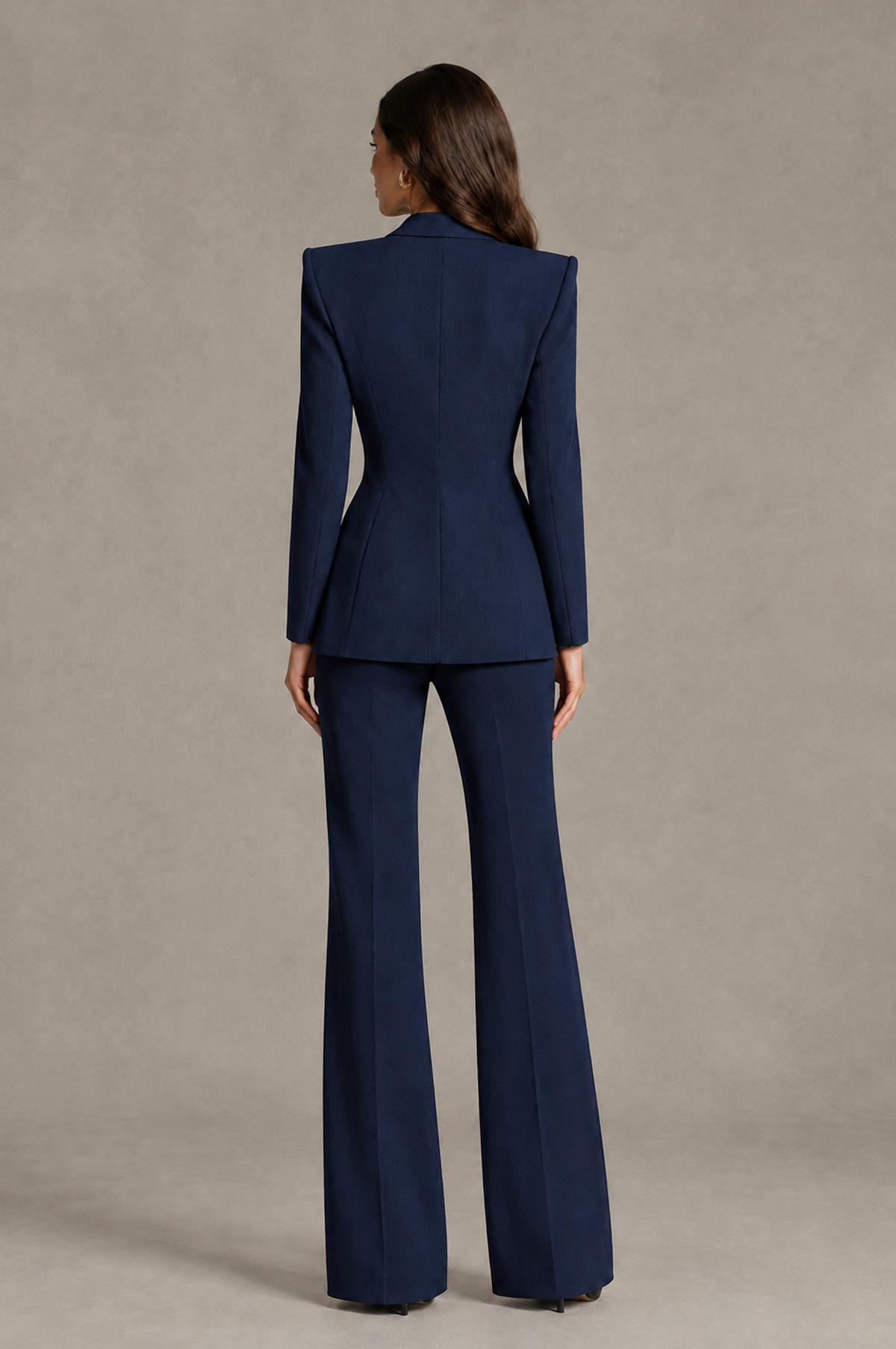 BOLODOO QQ064 navy blue pantsuit, covered-back blazer and full-length trousers rear view