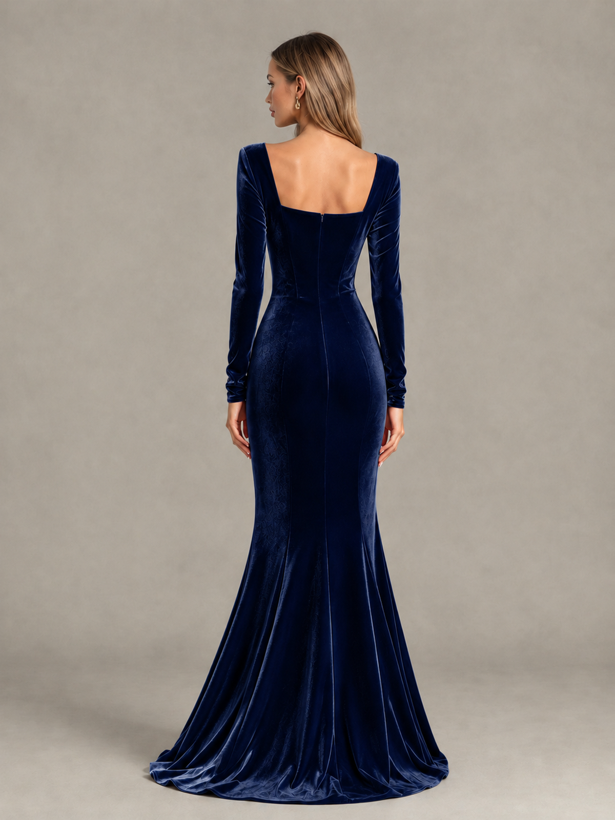 BOLODOO navy blue long sleeve mermaid gown with low square back and center zipper, back view