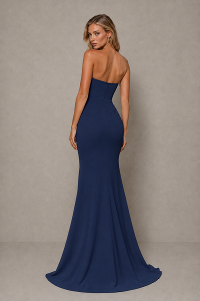 BOLODOO Navy Blue Strapless Sweetheart Ruched Mermaid Gown | Cascade Drape Formal Evening Dress 