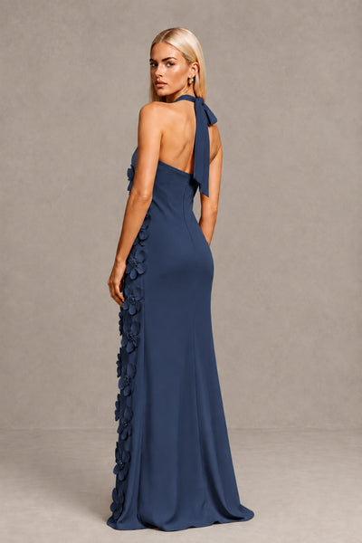 BOLODOO Navy Blue Cross Halter Neck 3D Floral Appliqué Backless Mermaid Maxi Gown 