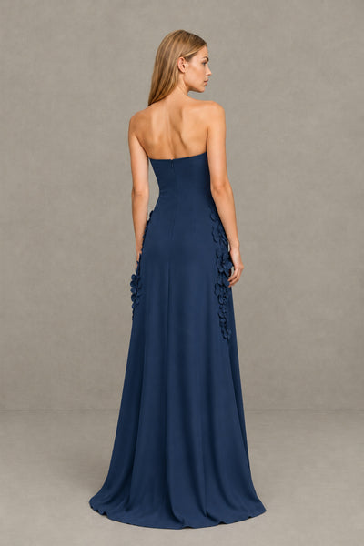BOLODOO Navy Blue Strapless 3D Floral Appliqué Crepe Maxi Gown 