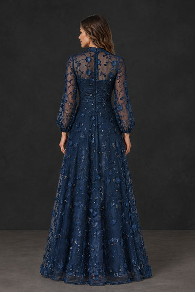 BOLODOO XX076 navy dress close-up of split neckline, floral embroidery and sequin accents