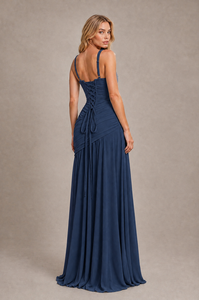 BOLODOO Navy Blue Spaghetti Strap Ruched Maxi Dress – Formal Evening Gown with Slit 