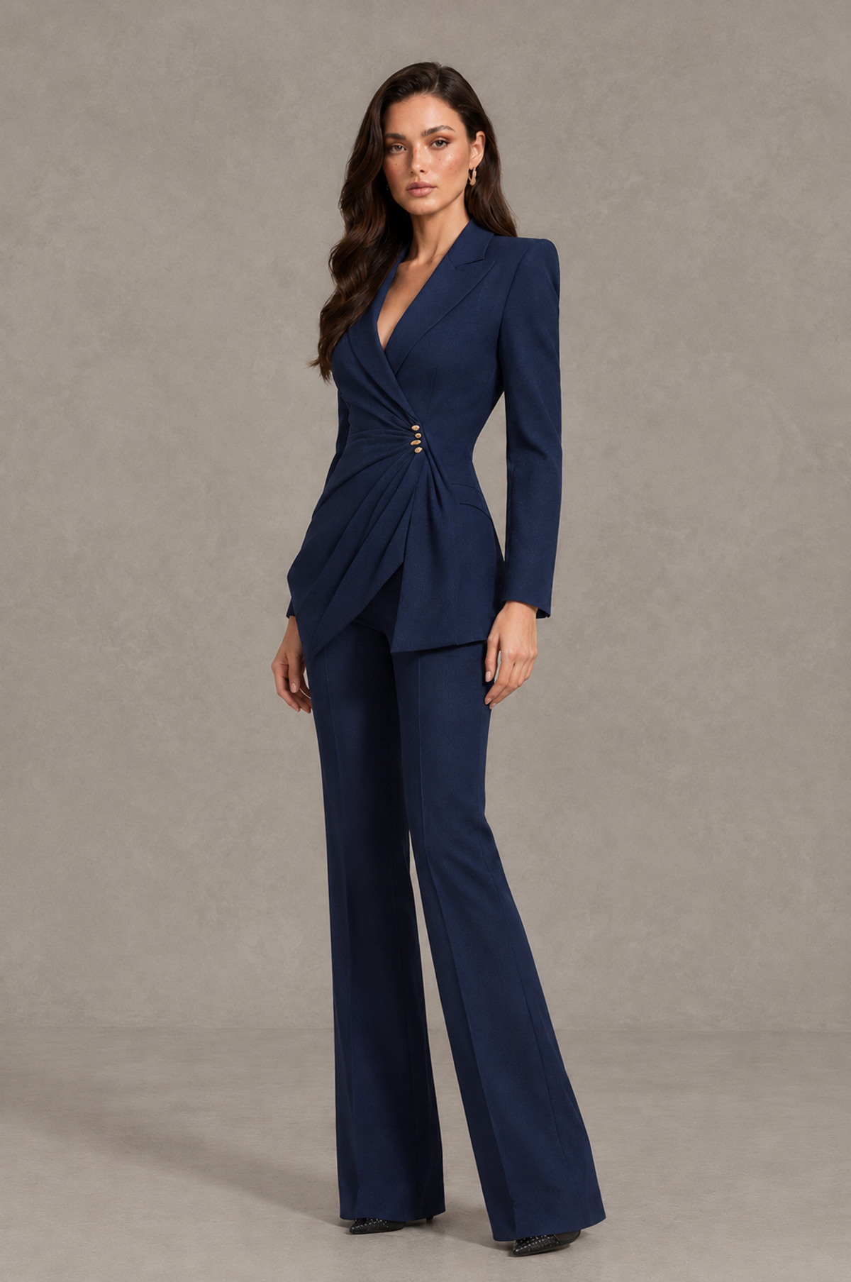 BOLODOO QQ064 navy blue pantsuit, three-quarter view of gathered blazer and wide-leg trousers