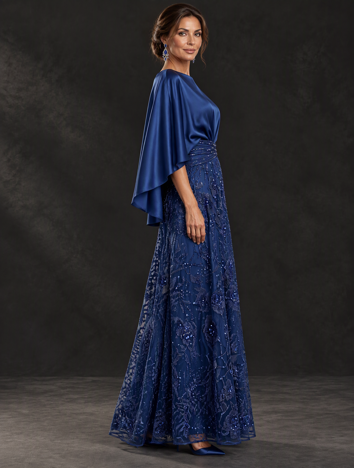 BOLODOO XX088 navy blue mother of the bride dress with cascading cape drape and floral lace-look skirt, side view