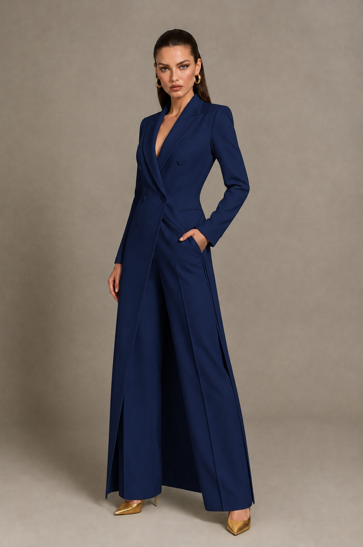 BOLODOO QQ094 navy blue tailored longline blazer and pants set, three-quarter front view